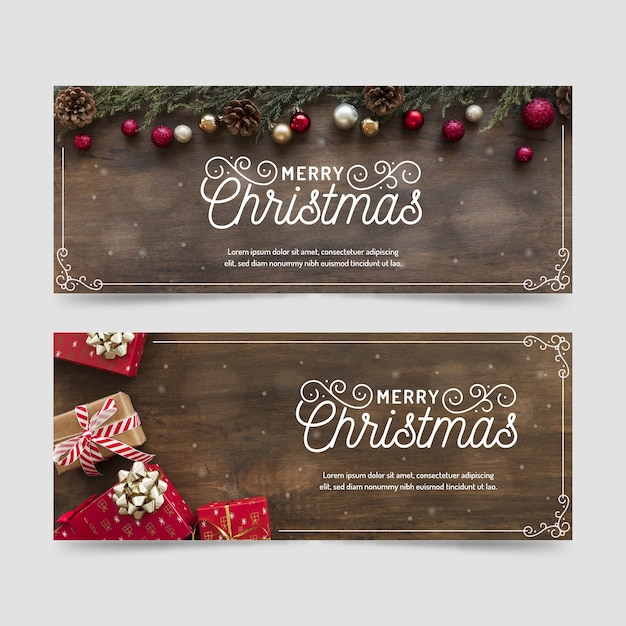 Vector gratuito banners de navidad con regalos de fondo de madera