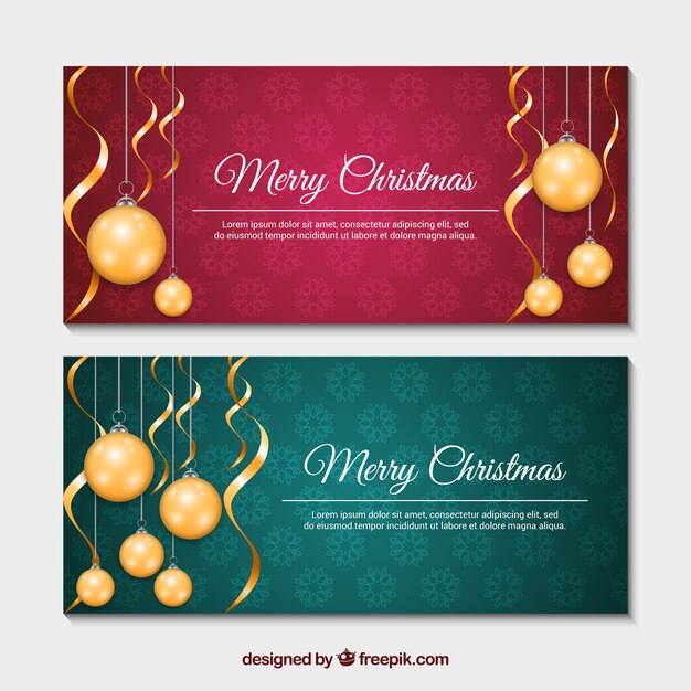 Banners de navidad rojo y verde con adornos realistas