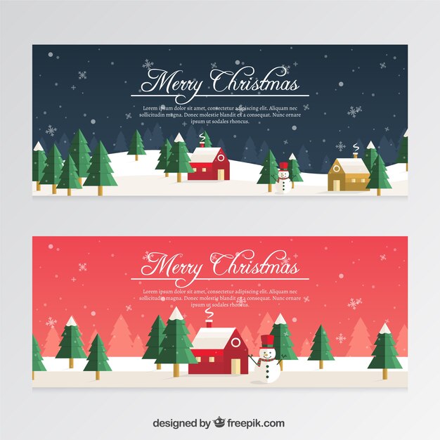 Banners navideños con muñecos de nieve y copos de nieve en estilo plano