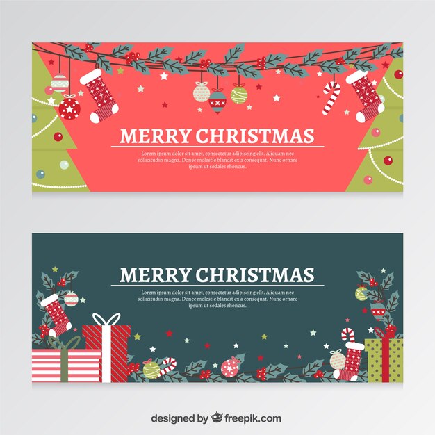 Banners navideños planos con regalos y árboles