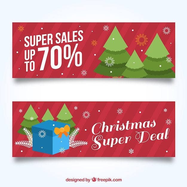 Banners navideños de rebajas con fondo rayado