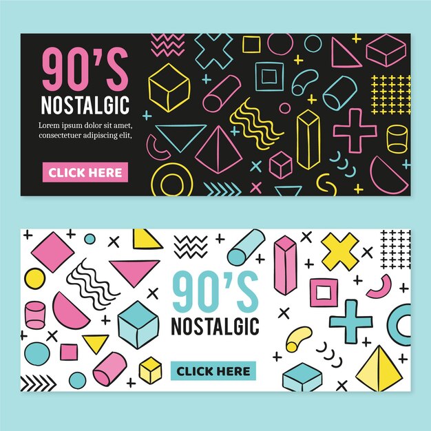 Banners nostálgicos de los 90 dibujados a mano.