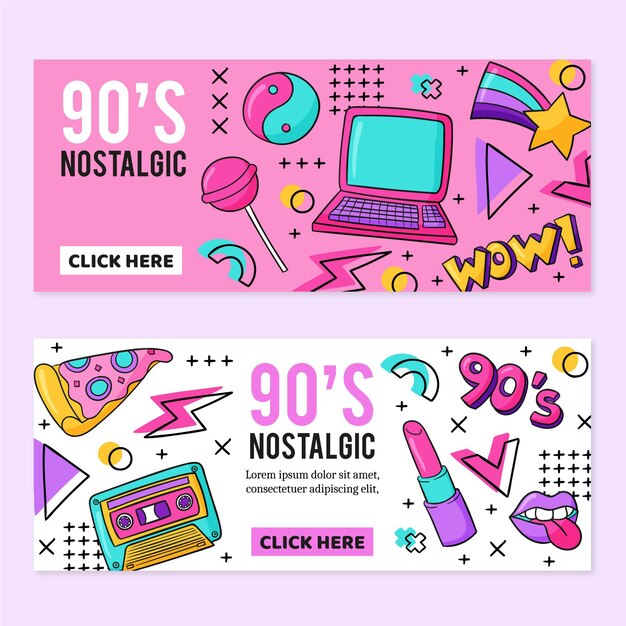 Banners nostálgicos de los 90 dibujados a mano.
