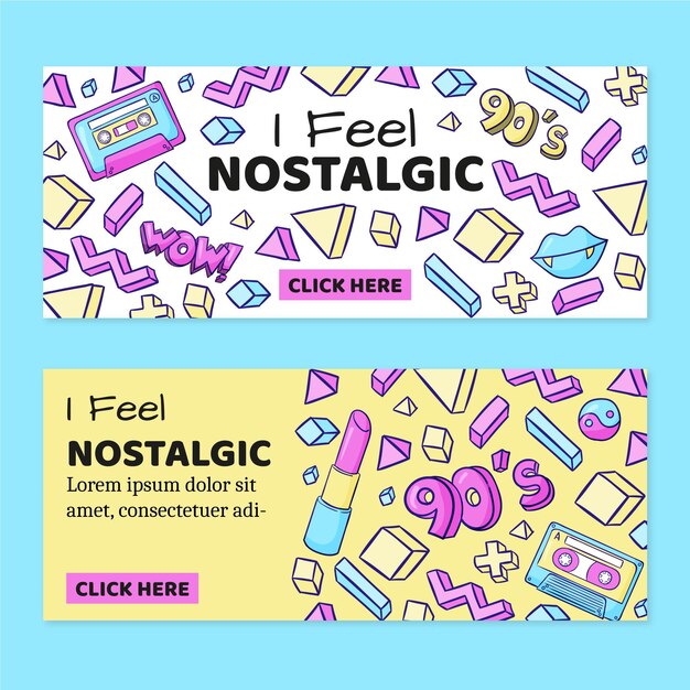Banners nostálgicos de los 90 dibujados a mano.