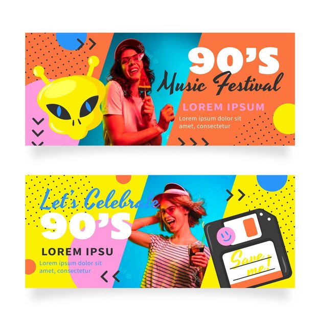 Banners nostálgicos de los 90 dibujados a mano.