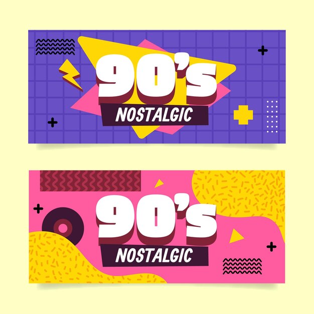 Banners nostálgicos de los 90 de diseño plano