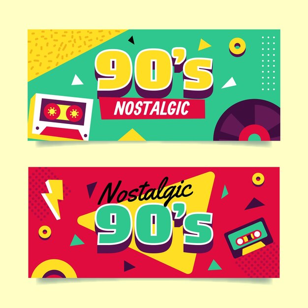 Banners nostálgicos de los 90 de diseño plano