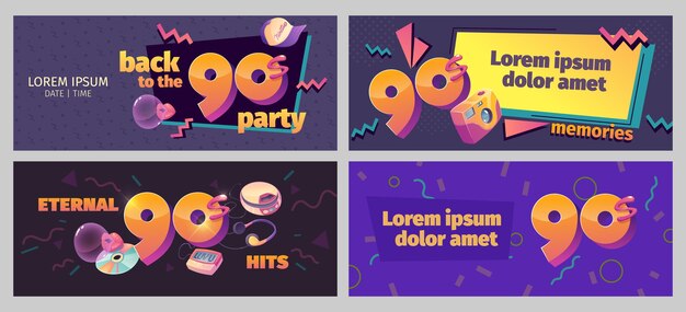 Banners nostálgicos de los 90 de diseño plano