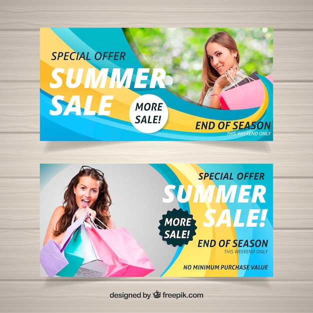 Vector gratuito banners onduladas de rebajas de verano con imagen