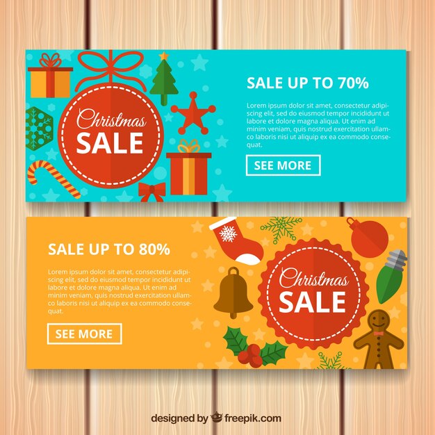 Banners de ornamentos y rebajas de navidad en diseño plano