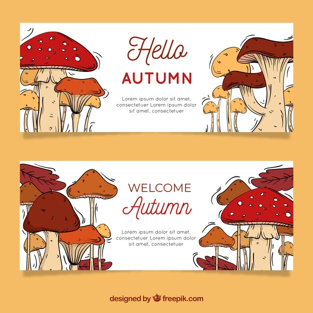 Banners otoñales adorables con setas dibujadas a mano