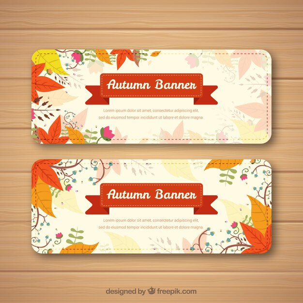 Banners otoñales con hojas y cinta