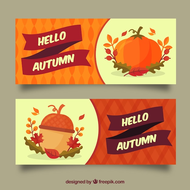 Vector gratuito banners de otoño con calabaza y bellota de diseño plano