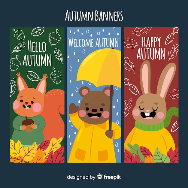 Vector gratuito banners de otoño con lindos animales