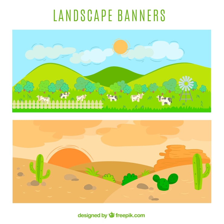 Vector gratuito banners de paisaje verde y árido