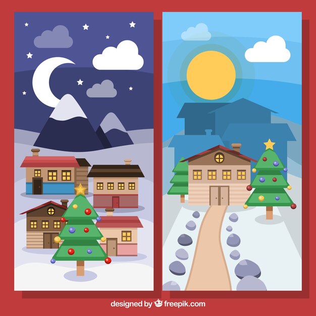 Vector gratuito banners de paisajes navideños en diseño plano