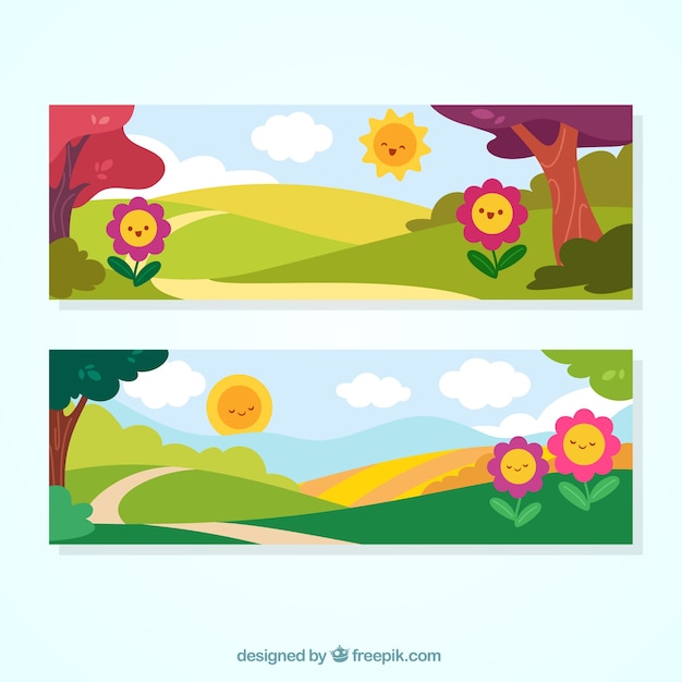 Vector gratuito banners de paisajes de primavera con simpáticas flores