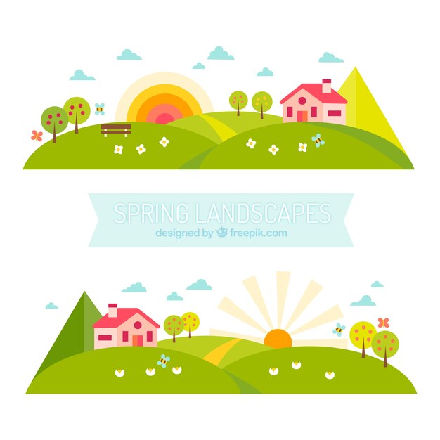 Banners de paisajes primaverales en diseño plano