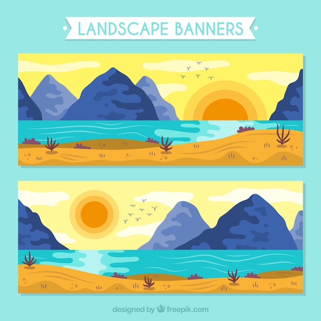 Vector gratuito banners de paisajes soleados con montañas