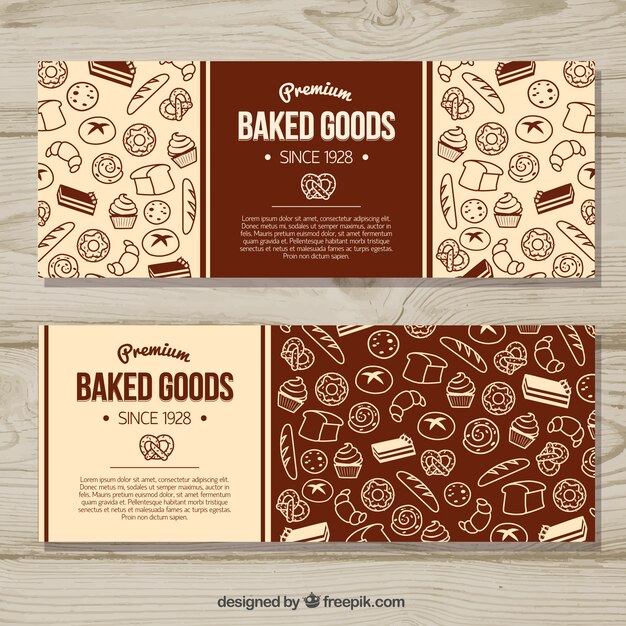 Banners de panadería con dulces y pan en estilo plano
