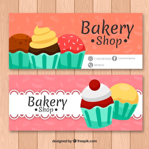 Banners de panadería con magdalenas en estilo plano