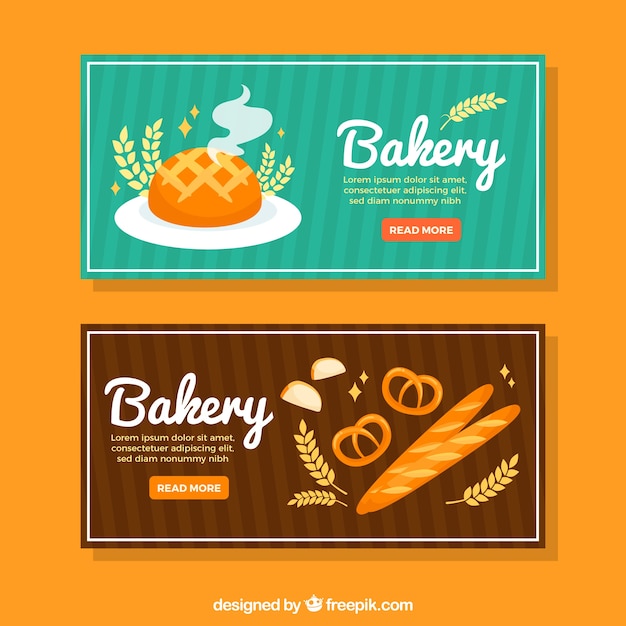 Banners de panadería con pan en estilo plano