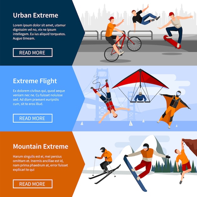 Banners con personas que practican deportes extremos como el parapente y snowboard.