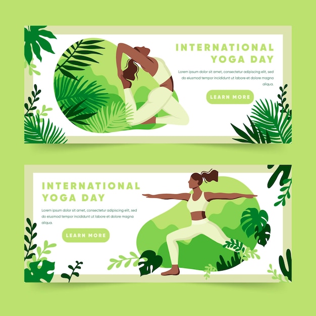 Banners planas con el día internacional del yoga