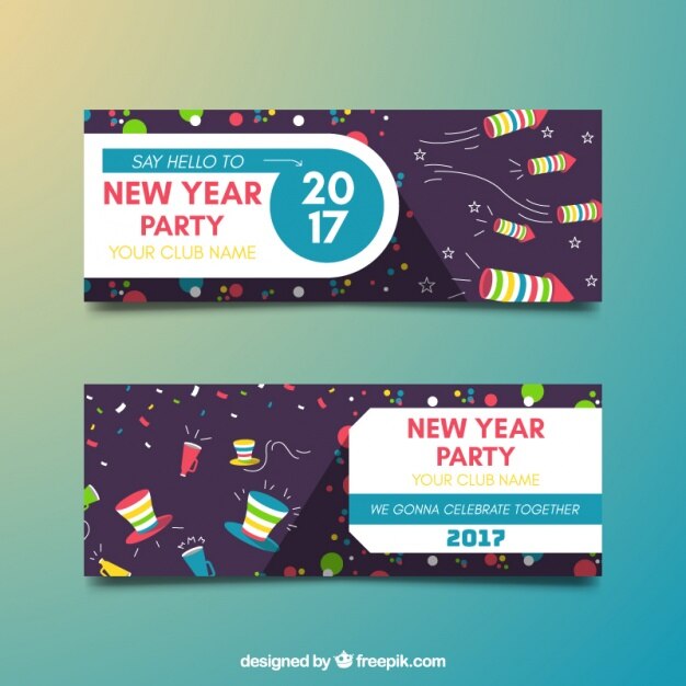 Banners planos de año nuevo con decoración colorida