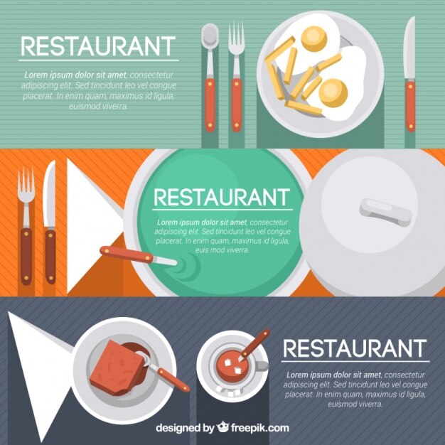 Banners planos con cubiertos y platos sabrosos