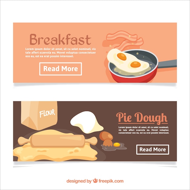 Vector gratuito banners planos con desayuno y masa de tarta