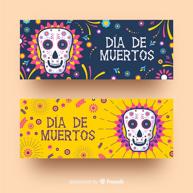 Banners planos de día de muertos con calaveras aisladas