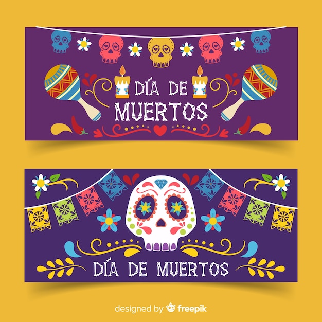 Banners planos de día de muertos con maracas y calaveras