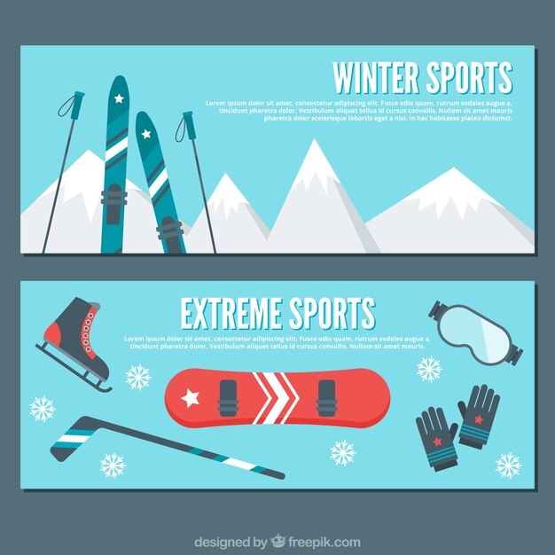 Banners planos con elementos de deportes de invierno