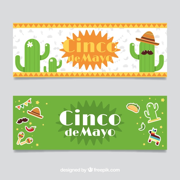 Vector gratuito banners planos con elementos mexicanos tradicionales para el cinco de mayo