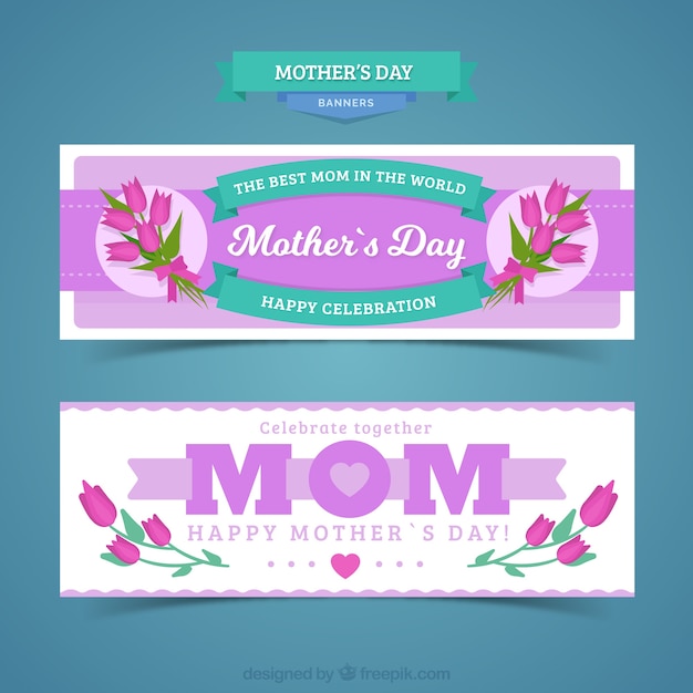 Vector gratuito banners planos con flores para el día de la madre