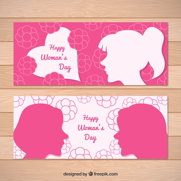 Vector gratuito banners planos con flores y siluetas para el día de la mujer