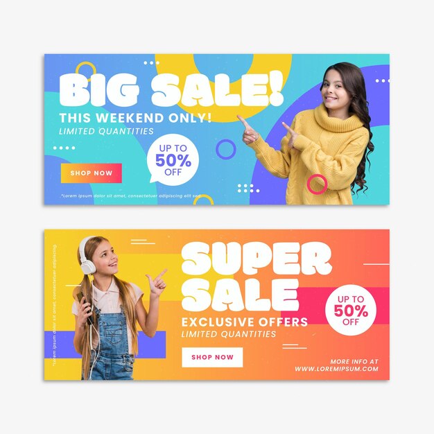 Banners planos de grandes rebajas con foto.