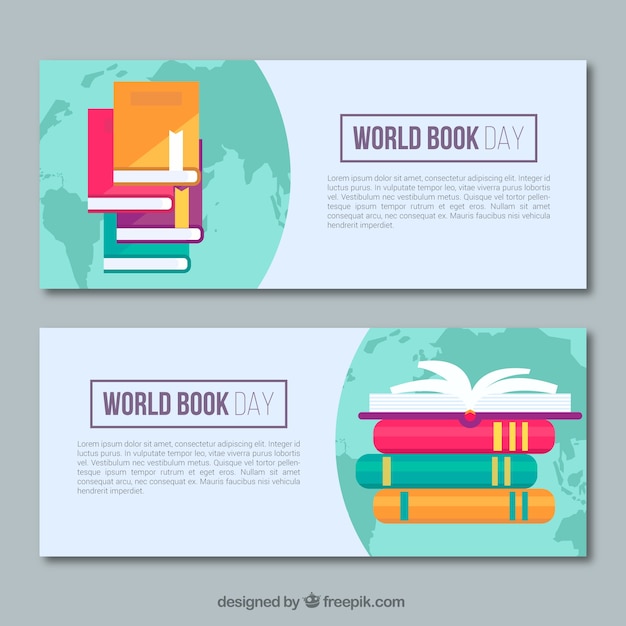 Banners planos con mapa del mundo y libros de colores