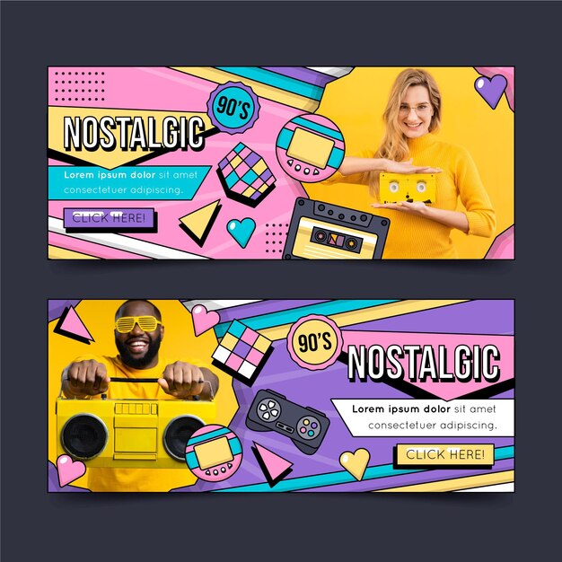 Banners planos nostálgicos de los 90 con foto
