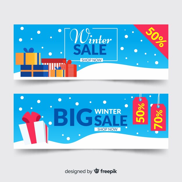 Banners planos de rebajas de invierno