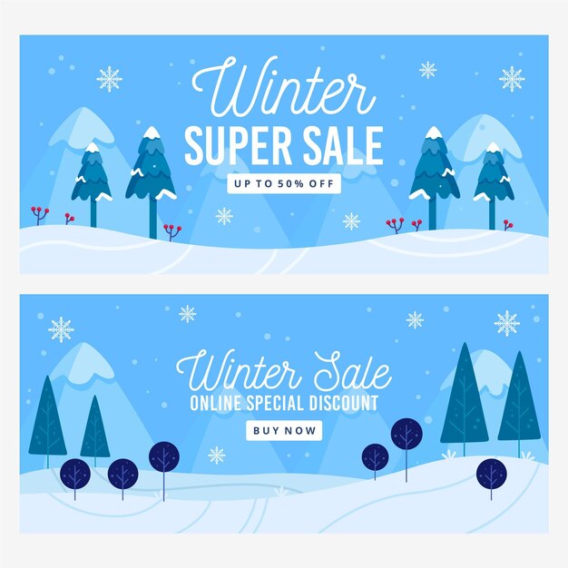 Banners planos de rebajas de invierno