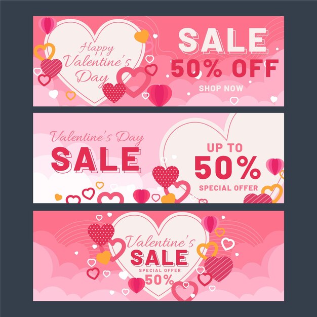 Banners planos de rebajas de san valentín con oferta.