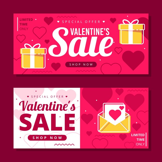 Banners planos de venta de San Valentín