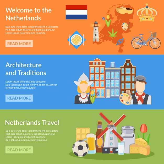 Vector gratuito banners planos de viaje de holanda