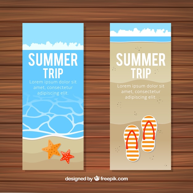 Banners de playa con chanclas y estrellas de mar