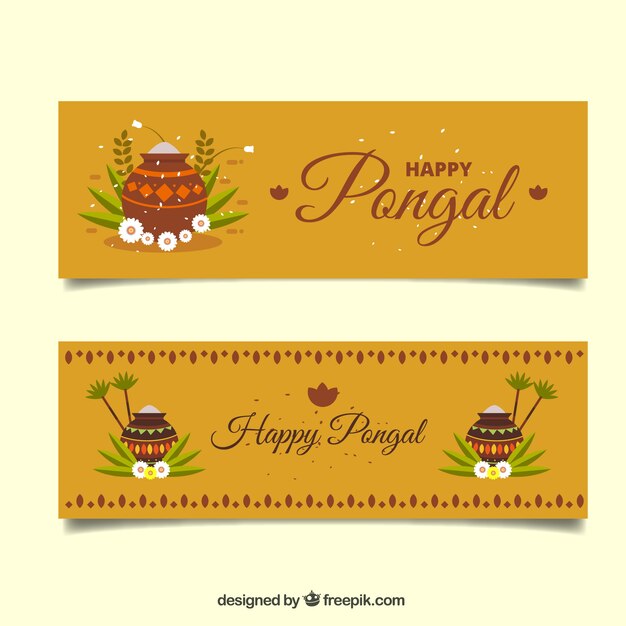 Banners de pongal con flores y macetas