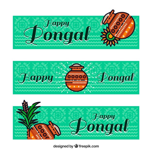 Banners de pongal verdes con tiestos