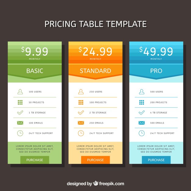 Banners de precios con diferentes tarifas