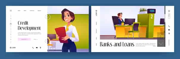 Vector gratuito banners de préstamos bancarios con trabajador del departamento de crédito en recepción. páginas de destino de vector de servicio de desarrollo de crédito con ilustración de dibujos animados de oficina bancaria con empleada